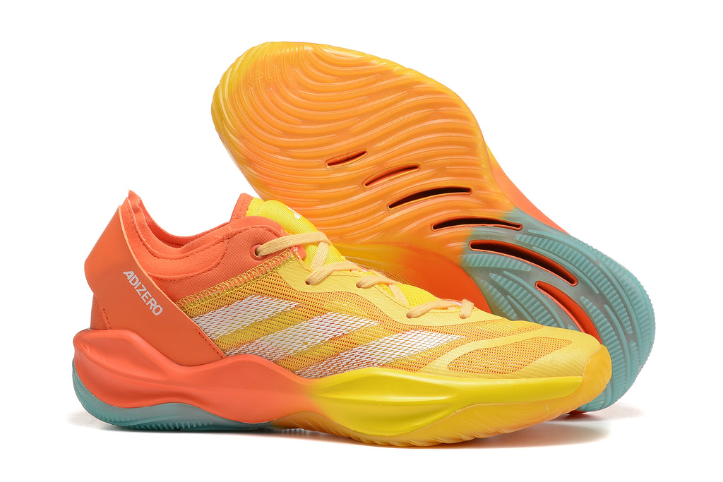 Adizero sneaker in yellow and orange with white stripes and a contrasting blue-green sole