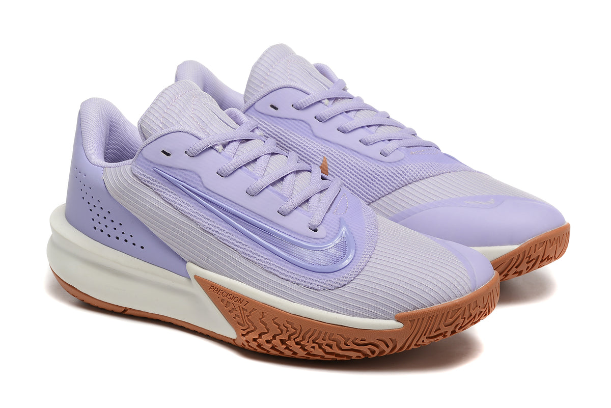 Pair of lavender Nike Precision 7 basketball shoes shown at an angled front view.