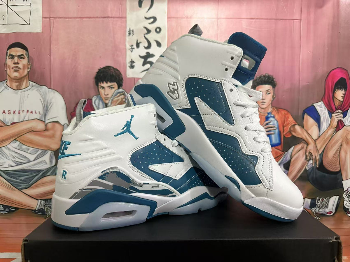 Pair of white and blue high-top sneakers showing the side panels, heel details, and lace-up fronts
