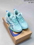 Aqua ASICS SWIFTACE YUKI basketball shoes displayed on an ASICS shoe box, with the style code and size range visible at the top.
