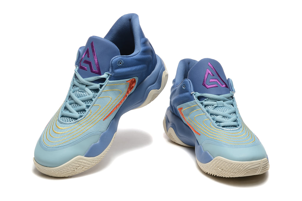 Front views of blue and light blue basketball shoes with purple tongue logos