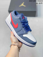 Angled side view of the navy, red, and white Jordan Air Jordan 1 Low sneaker.