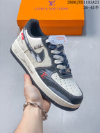 Angled side view of a cream and charcoal Nike Air Force 1 Low-style custom sneaker