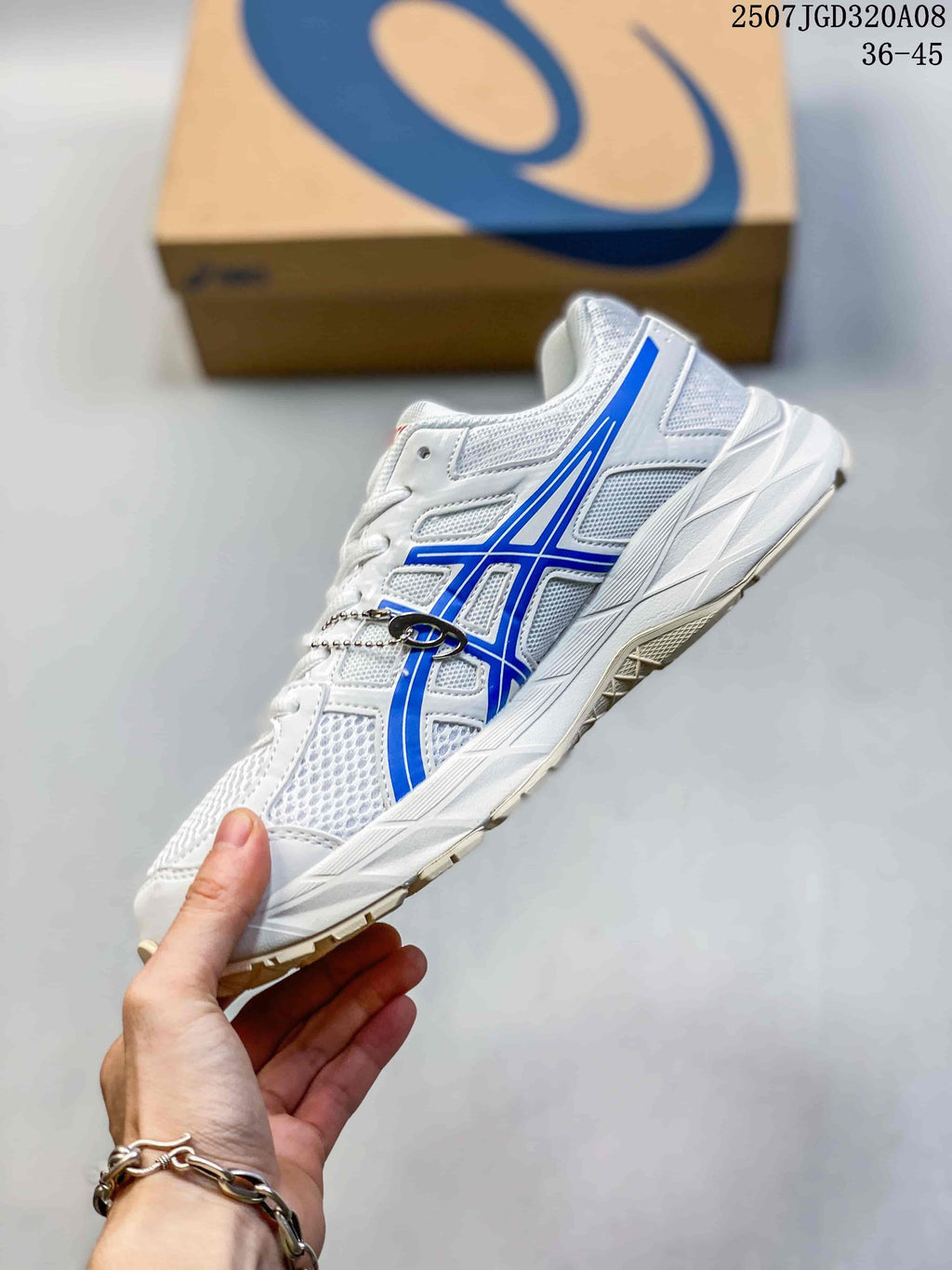 Side view of a white and blue ASICS Gel-Contend 4 sneaker showing the mesh panels, blue side branding, and layered midsole.