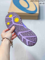 Close-up of the purple patterned outsole with yellow circular inserts and tread sections; image text shows style code 2607JYD1647A17 and size range 40–45.