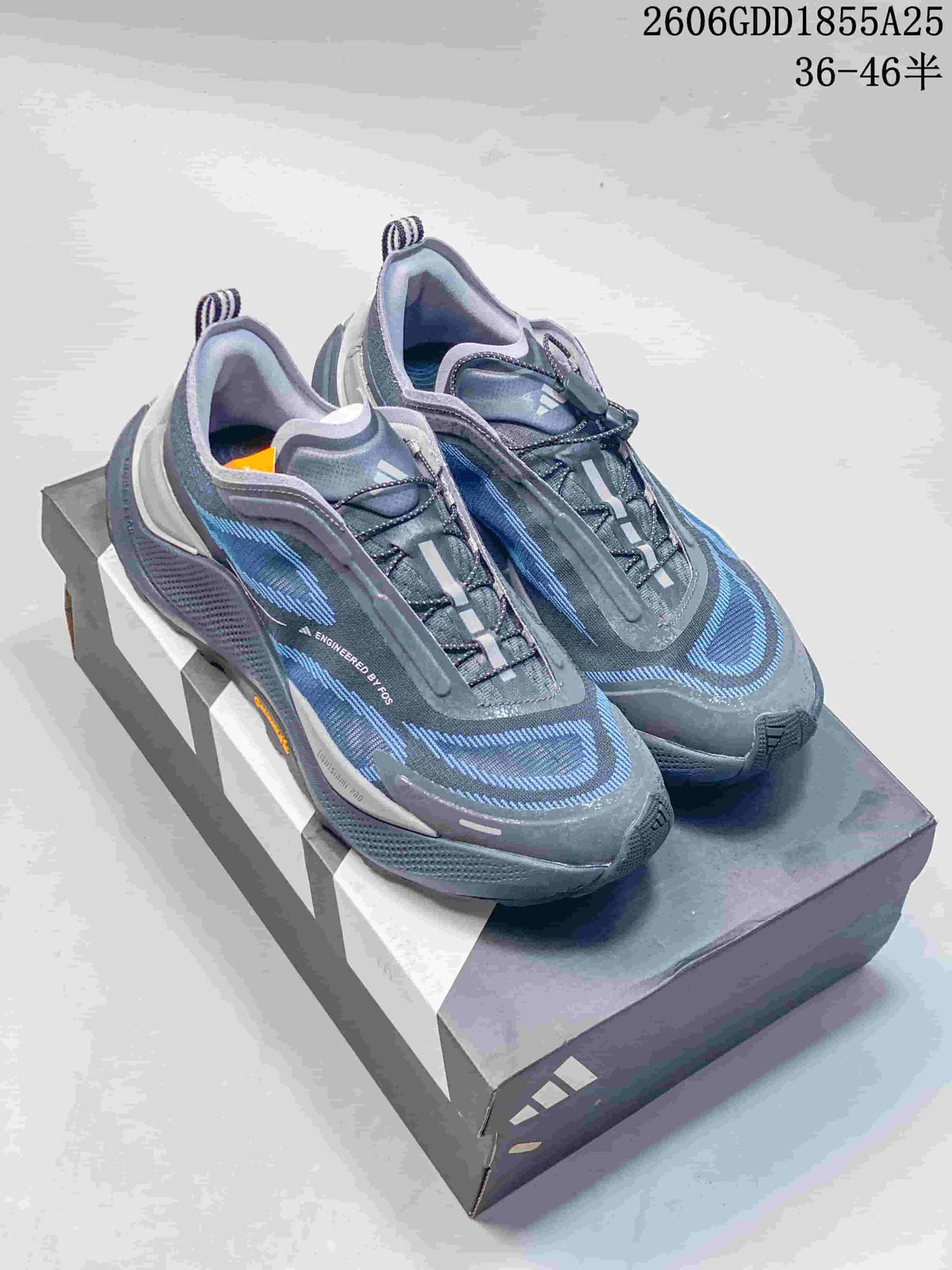 Pair of gray and blue Adidas Holo Peak trail running shoes shown from above at an angle