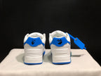 Rear view showing blue heel panels, padded collars, and printed heel details.