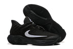 Black basketball shoe with a white side detail and patterned outsole.