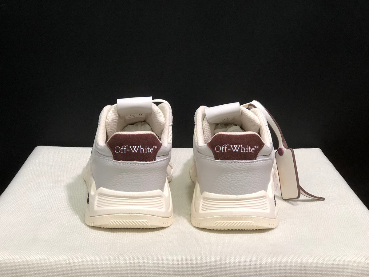 Rear view of the sneaker pair showing brown heel panels with OFF-WHITE branding.