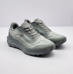 Three-quarter front view of a pair of gray Alo Runner sneakers with visible tongue and toe branding.