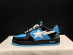 Side profile showing the white star motif, blue side panel, black upper, padded collar, and blue outsole edge.