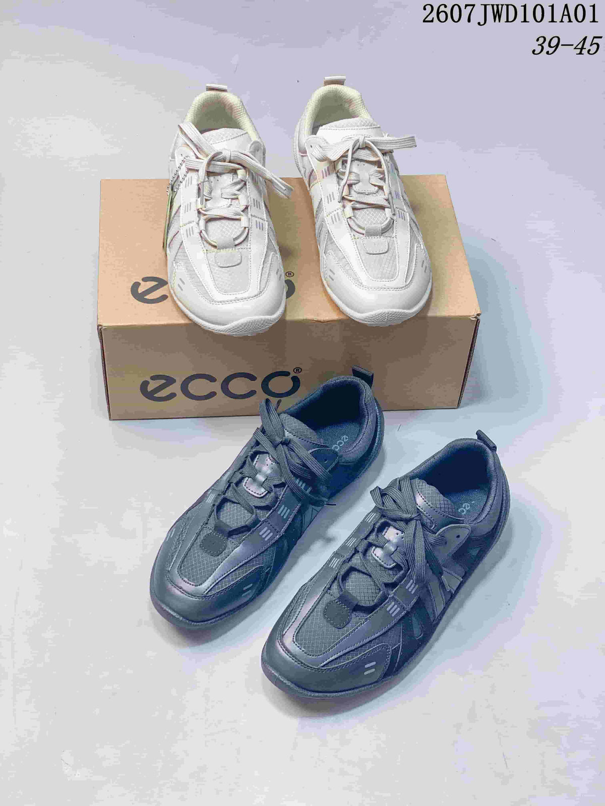 White and charcoal sneaker color options shown together; overlay shows style code 2607JWD101A01 and size range 39–45.