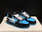 Three-quarter front view of the pair with glossy black panels, blue toe boxes, white laces, and white side stars.