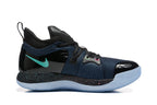 Side view of the black and navy Nike PG 2 shoe with a turquoise Swoosh