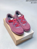 Pair of plum-purple On sneakers with red-pink webbing displayed on a shoebox; source text shows style code 2607TGD260A20 and sizes 36–45.