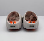 Rear view of the pair with heel branding, open-back construction, and pink-and-orange footbed details.