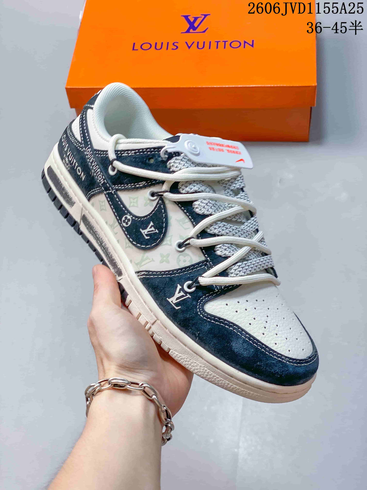 Close-up side view of a white sneaker with dark navy accents and patterned panels