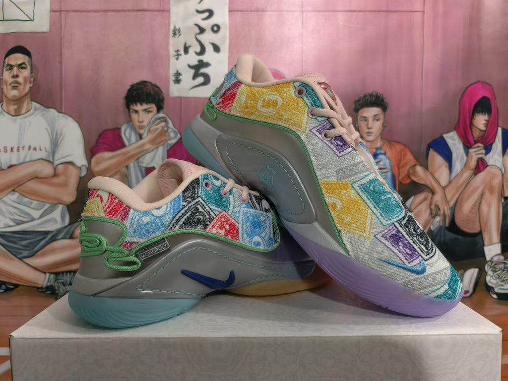 Angled view of the multicolor Nike basketball shoes with Monopoly-themed print and contrasting outsole colors.