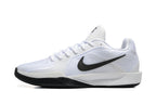 Side profile of a white basketball shoe with black Swoosh and outsole