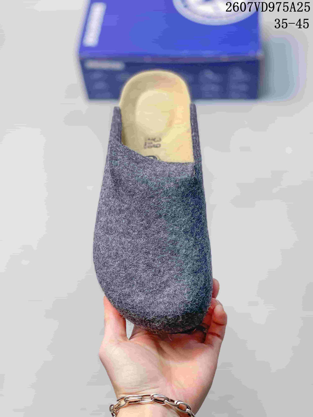 Top view of the gray closed-toe clog with the footbed visible.