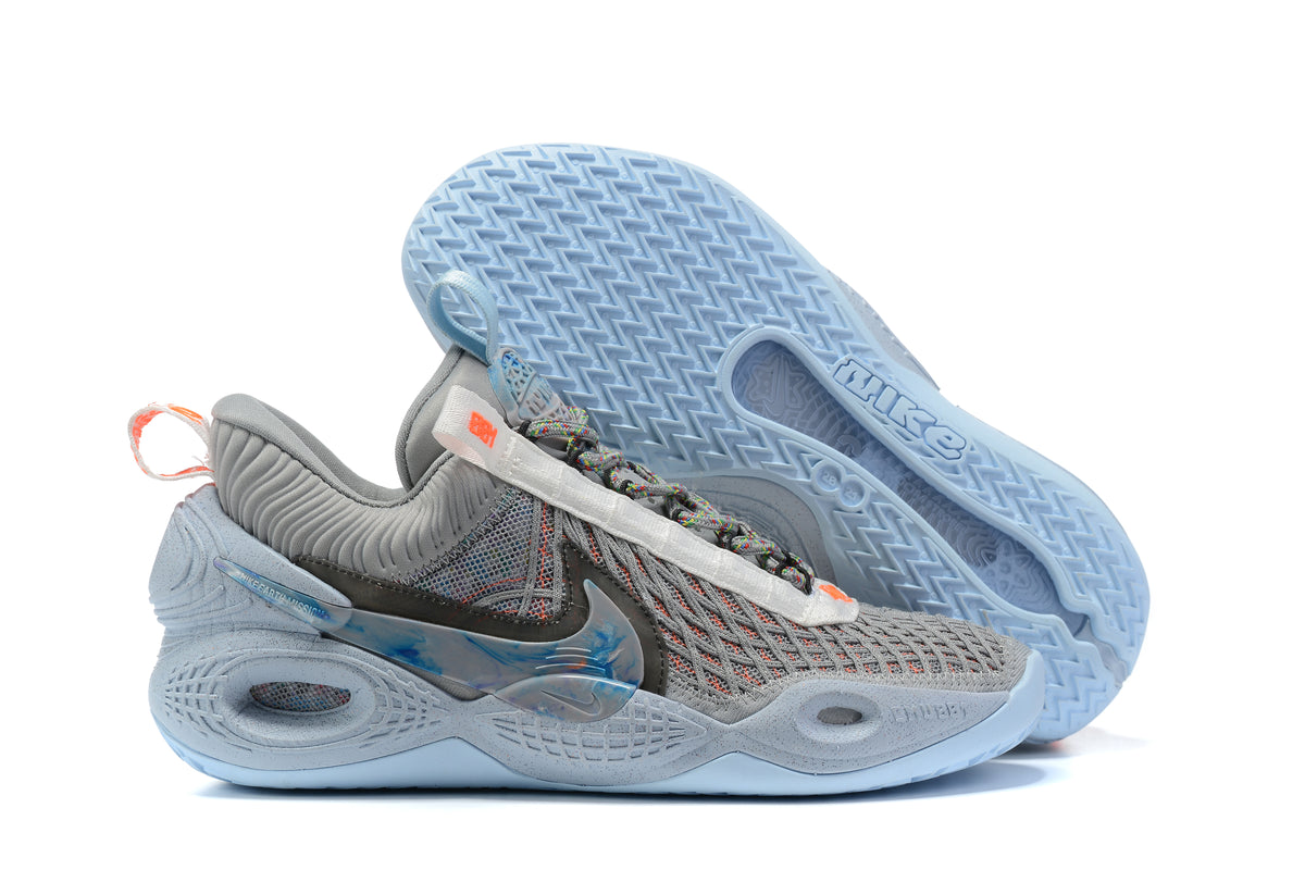 Gray Nike Anthony basketball shoes with pale blue soles and blue accents.