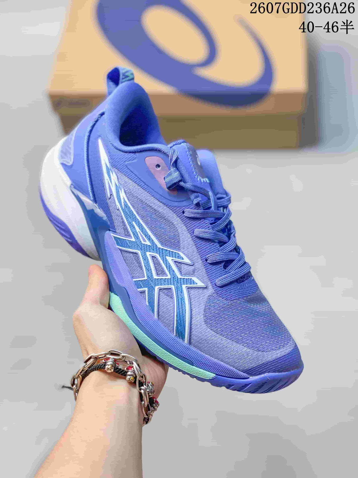 Close side view of a blue ASICS Swiftace basketball shoe with contrasting side branding and a colored outsole accent.