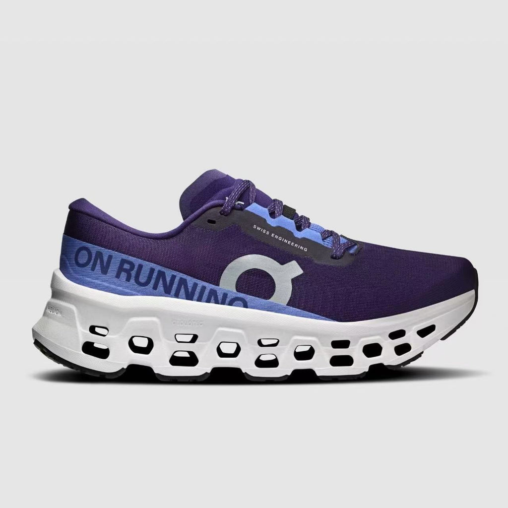 Studio-style side profile of the purple and blue On Cloudmonster 3 shoe against a light background.
