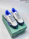Pair of white, black, and blue Lacoste low-top sneakers displayed on a green shoebox; image text shows style code 2607JDY425A15 and sizes 40–45.