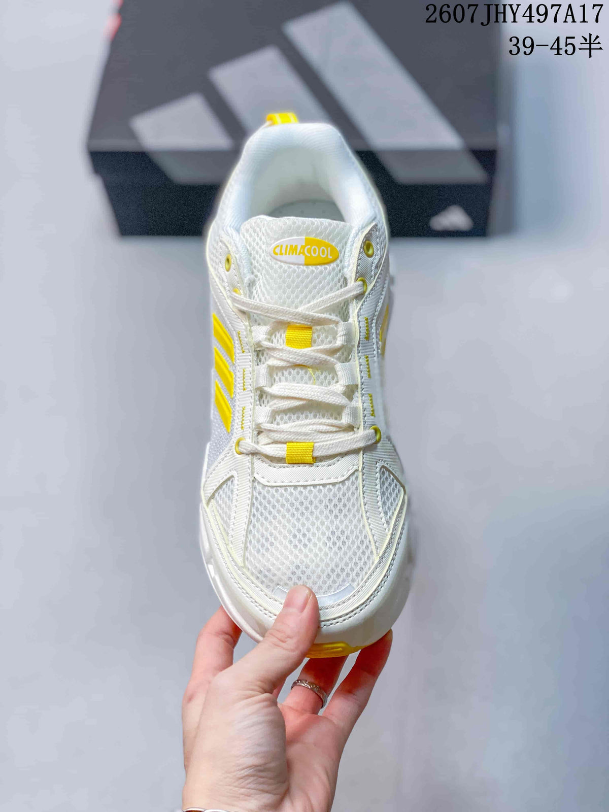 Top view showing the mesh-style toe box, white laces, padded tongue, and visible CLIMACOOL branding.