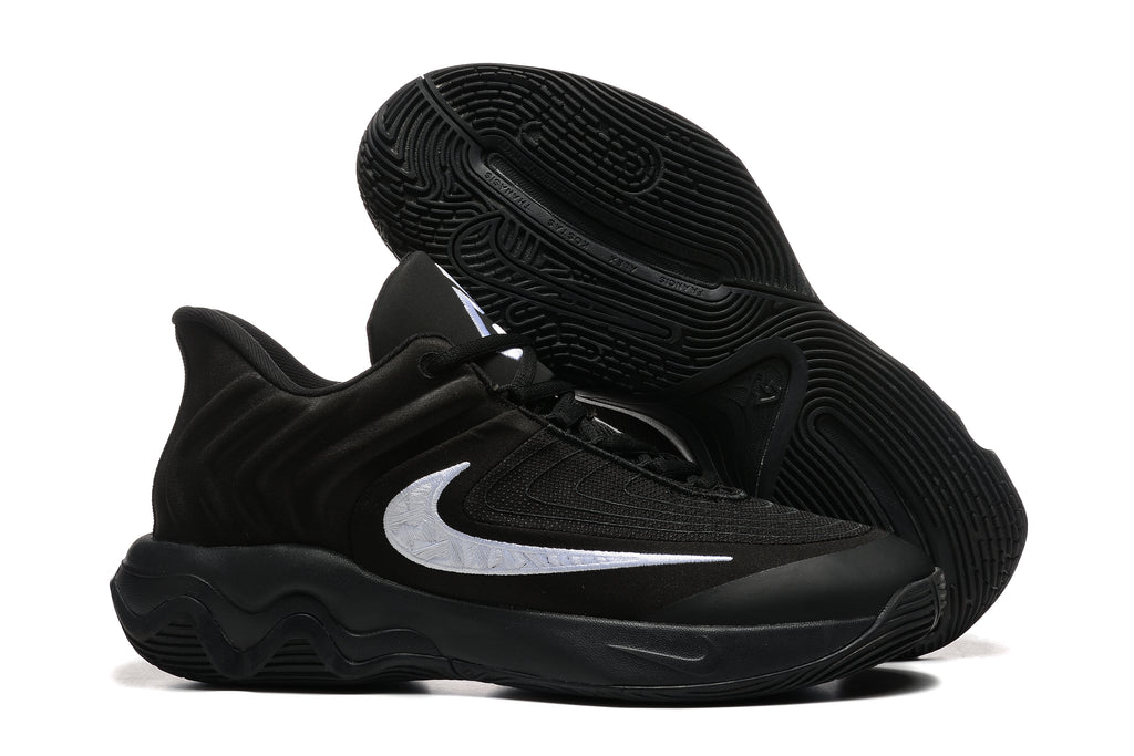 Black basketball shoe with a white side detail and patterned outsole.