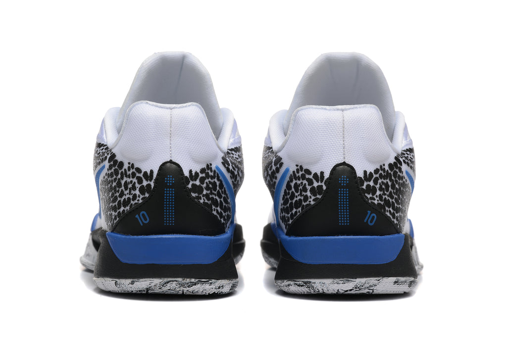 Rear view showing spotted heel panels and blue accents
