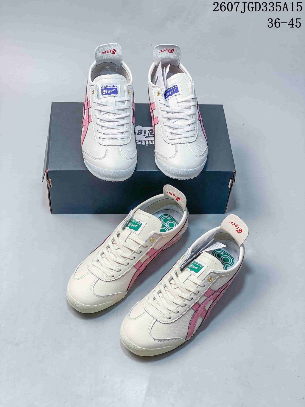 Multiple views of white and pink Onitsuka Tiger Mexico 66 Deluxe sneakers arranged around a branded shoe box; image text shows style code 2607JGD335A15 and size range 36–45.