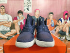 Front view showing the laces and Hyperdunk tongue labels on navy basketball shoes