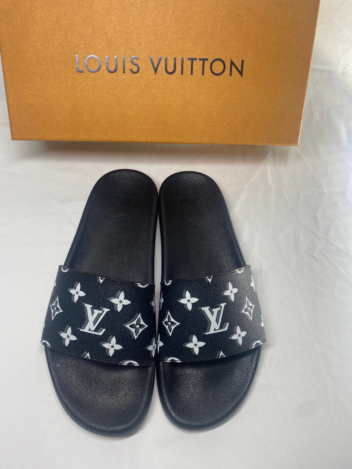 Louis Vuitton Monogram Slide Sandals with Black Footbed