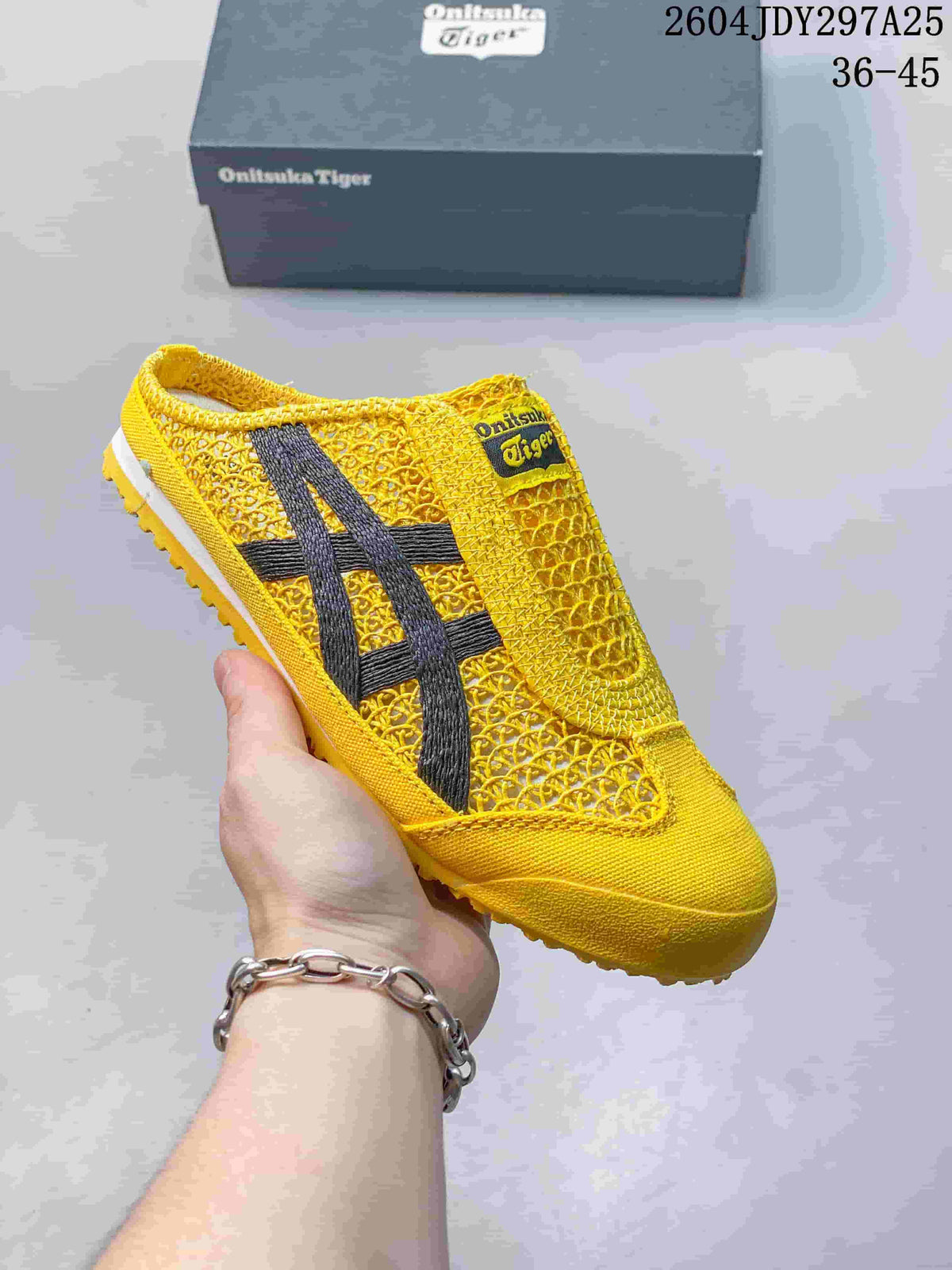 Yellow Onitsuka Tiger Mexico 66 Sabot sneaker with dark side stripes, shown with its box; the image shows style code 2604JDY297A25 and size range 36–45.