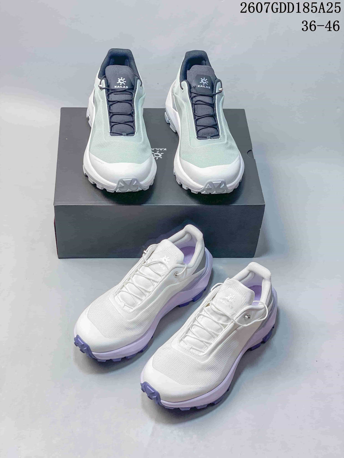 Two KAILAS VENTO colorways arranged from a front and overhead view, with the style code and size range visible above.