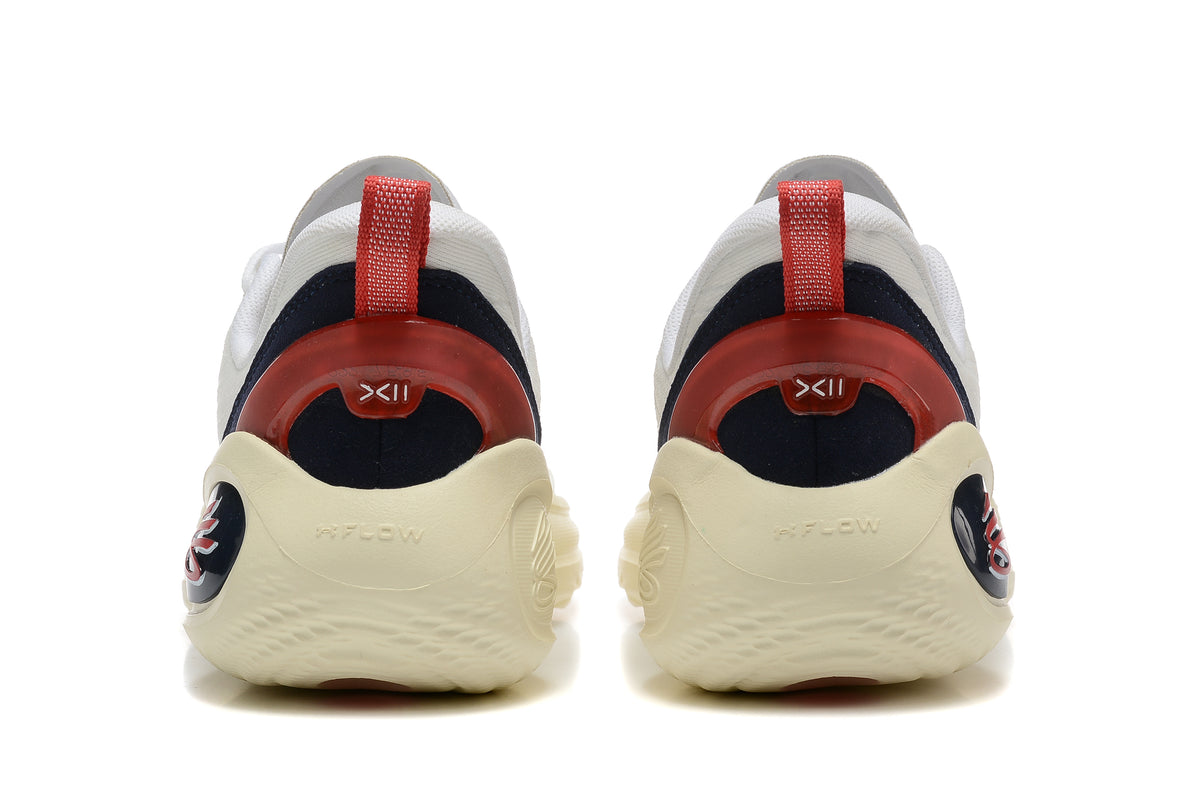 Rear view of white basketball shoes with dark heel panels and red pull tabs