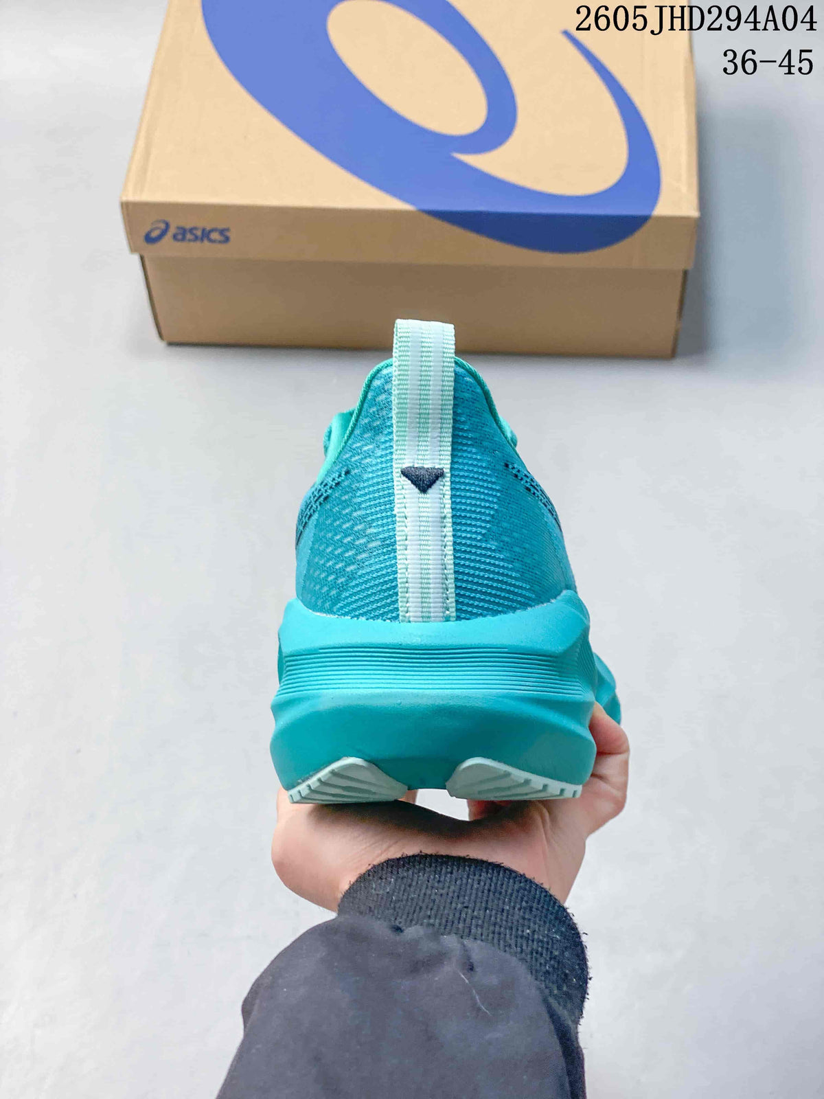 Rear view of a turquoise running shoe with heel pull tab