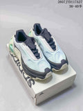 Pair of pale blue, navy and cream adidas low-top sneakers displayed on an adidas shoebox; overlay text shows product code 2607JYD117A27 and sizes 36–40.5.