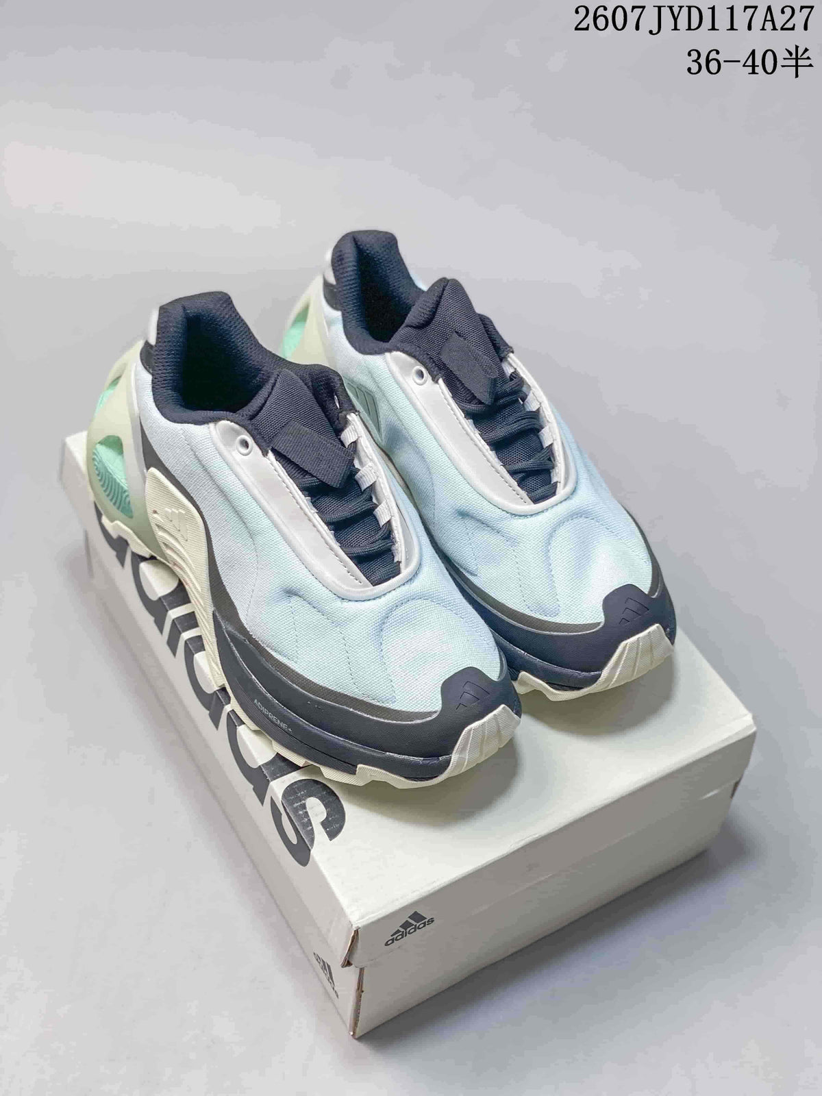 Pair of pale blue, navy and cream adidas low-top sneakers displayed on an adidas shoebox; overlay text shows product code 2607JYD117A27 and sizes 36–40.5.