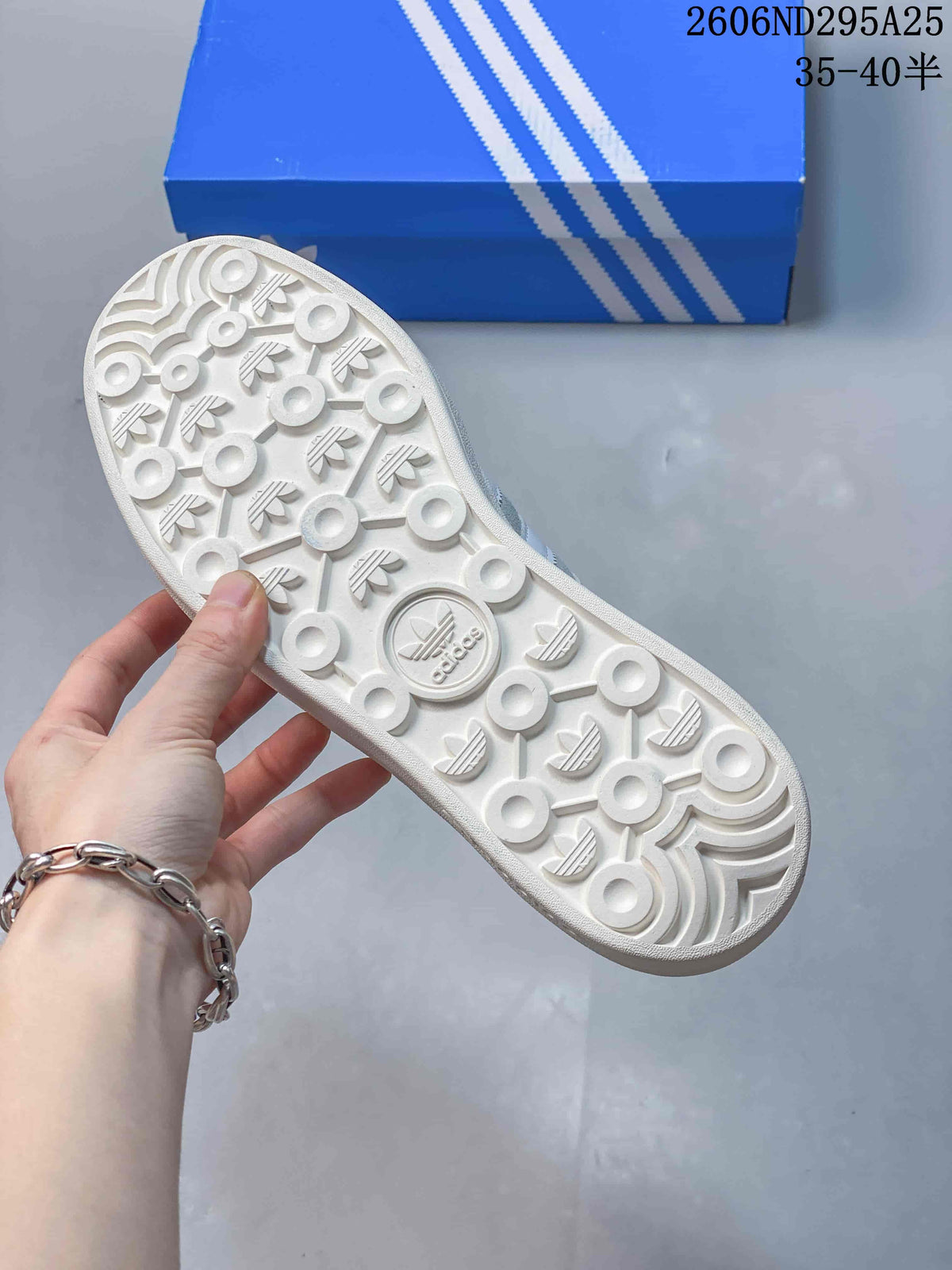 Underside of the sneaker showing the textured outsole pattern and Adidas trefoil details.
