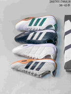 Several adidas Adipista colorways arranged beside a shoebox, including white, green, navy and light gray combinations.