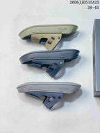 Three adjustable strap sandals in olive, dark gray, and blue-gray shown from the side.