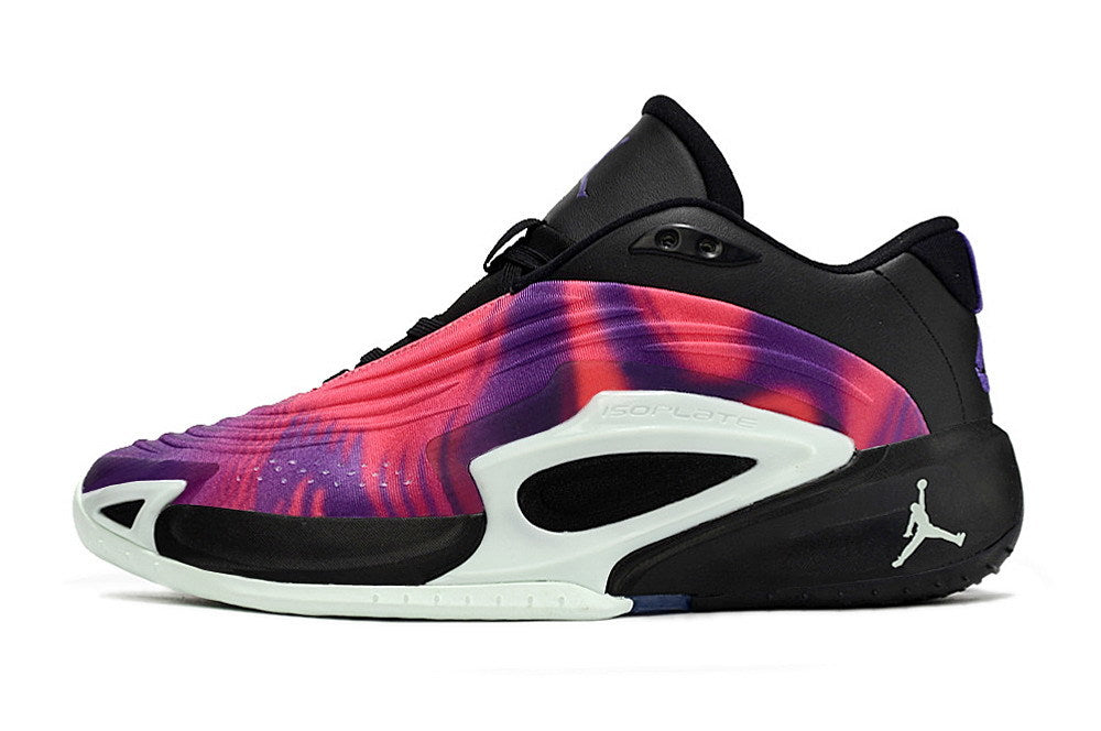 Side profile of a black Jordan Luka 3 shoe with a purple and pink gradient panel