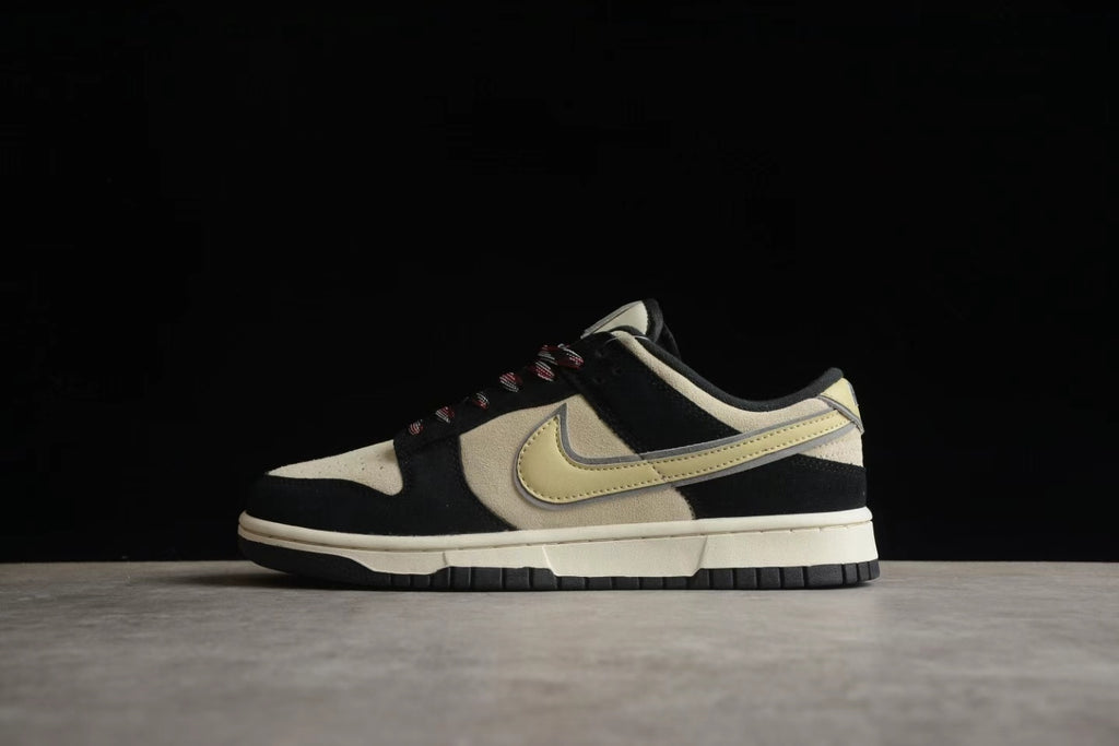 Full side profile showing the low-top silhouette and beige, black, and muted yellow color blocking.