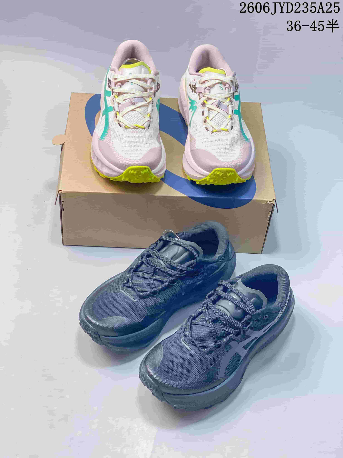 Light pink and dark gray ASICS GEL-TRABUCO MAX 5 shoes shown together