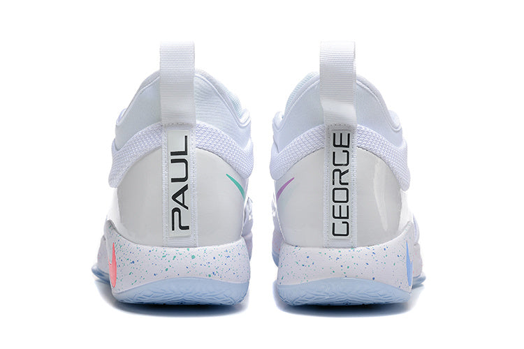 Rear view of the white Nike PG 2 shoes with PAUL and GEORGE heel tabs