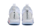 Rear view of the white Nike PG 2 shoes with PAUL and GEORGE heel tabs