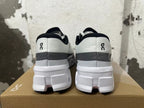 Rear view of white On Running sneakers with gray heel panels and chunky white soles