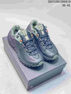 Pair of KAILAS outdoor shoes in dark gray and navy with sage accents, displayed on a shoebox; size range 36–45 and style code 2607GDD1569A19 are overlaid.